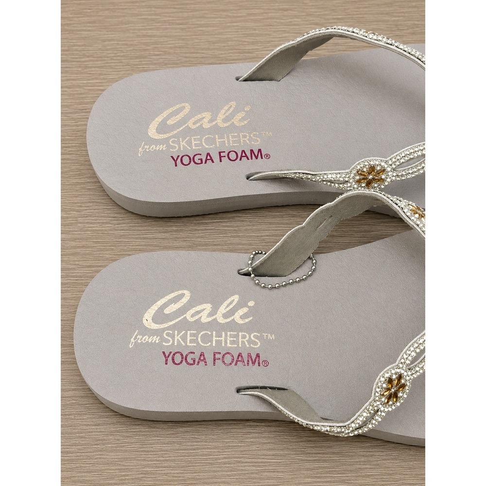 Skechers Cali Yoga Foam Taupe Rhinestone Floral Flip Flop Sandals Womens Size 8 - Picture 5 of 8